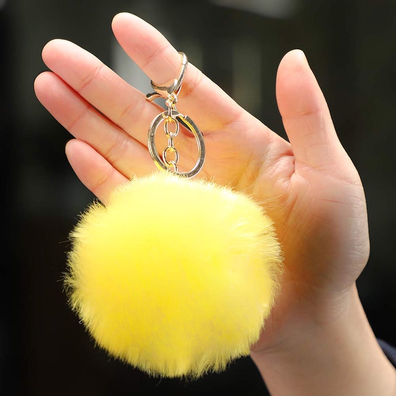 Soleebee Soft Artificial Rabbit Fur Keychain Plom Pom Key Ring Cute Plush Ball Bag Charm for Women Girls (Yellow) - Image 4